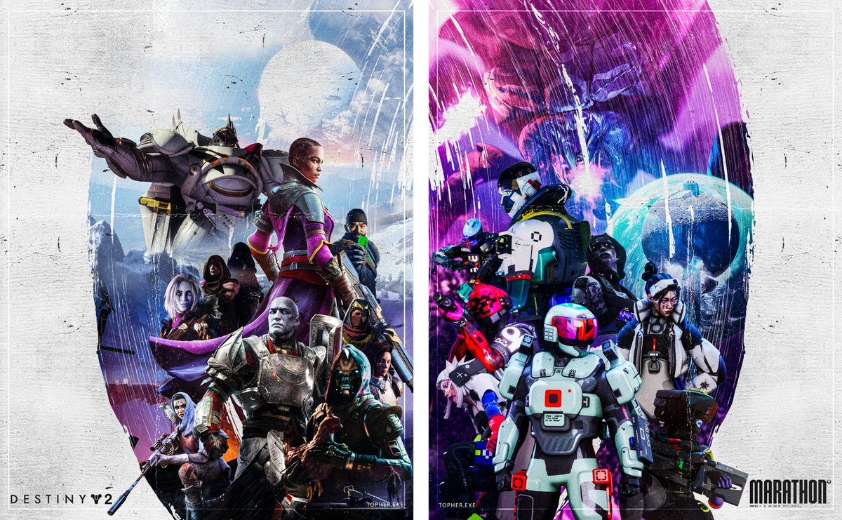 Topherexe's tweet photo. I wanted to design a D2 poster covering things from Red War through Forsaken. I came up with an idea to somewhat mirror that design for Marathon. #d2creator #marathoncreator @MarathonTheGame @DestinyTheGame https://t.co/nLq4ht5DHe