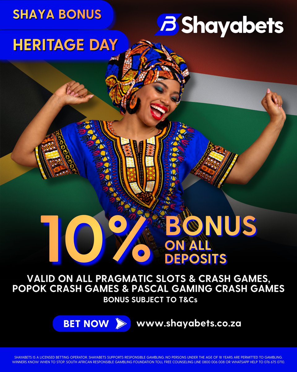 Shayabets's tweet photo. 🇿🇦 CELEBRATE HERITAGE DAY WITH A SHAYA BONUS! 🇿🇦

Get a 10% BONUS on ALL deposits this Heritage Day and enjoy more play on your favourite games! 🎰🔥

More spins. More thrills. More ways to play! 🎲

Sign up, deposit & play with Shaya 👉🏽 https://t.co/5gKjbM5oUD

🔞 T&Cs apply

#ShayaBets #OnlineBetting #BettingBonus #PragmaticSlots #HeritageDay