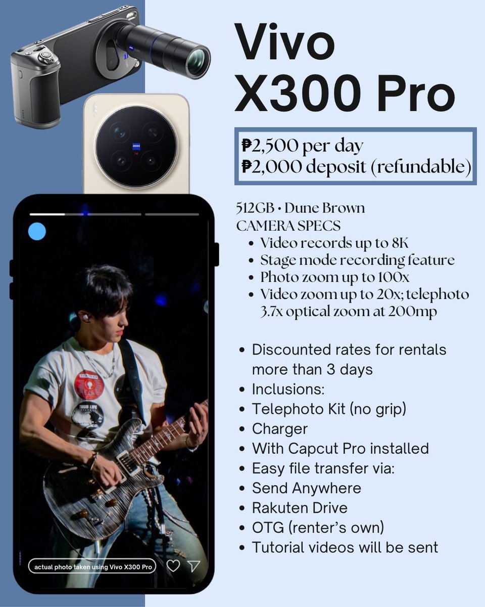 sunshiningdaez's tweet photo. WTR LFR
Available for any concert or event, local or international!

❣️Vivo X300 Pro with zoom lens

📍Las Piñas / Makati City

Discounted rates for rentals more than 3 days 😍

DM to check availability 💌
Proofs: #FanNextDoorPOV

🏷️phone rental for rent bts arirang lesserafim https://t.co/y2IQOBGDaK
