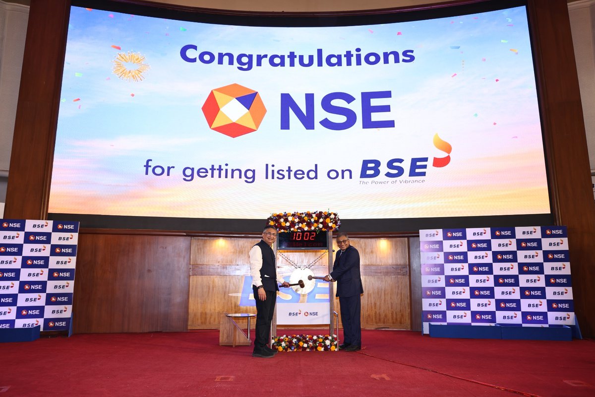 NSEIndia's tweet photo. We are listed!

National Stock Exchange of India Limited (NSE) is India's largest stock exchange and one of the world's leading multi-asset exchange platforms. NSE provides a vertically integrated ecosystem comprising trading, clearing, settlement, listing, market data, index services, and regulatory oversight across multiple asset classes, including equities, derivatives, currency derivatives, commodities, debt securities, and mutual funds. The Public issue was of INR 22,562 cr.

#NSEIndia #listing #IPO #StockMarket #ShareMarket #NationalStockExchangeOfIndiaLtd @ashishchauhan 

(1/2)