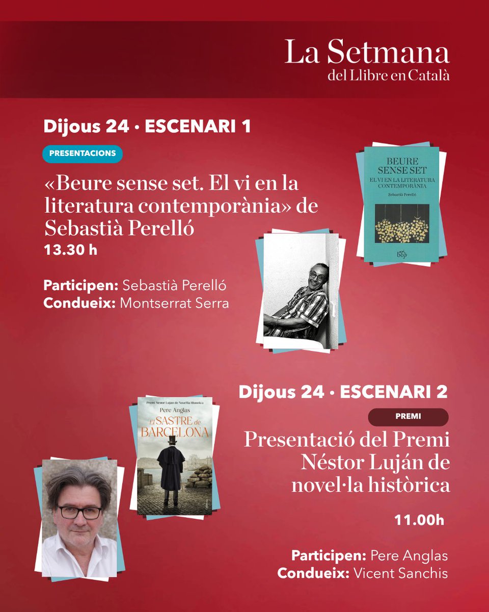LaSetmana's tweet photo. 📆 Una mostra de les activitats del dijous 24!

Aquest matí entregarem el Premi Difusió a @mariusserra! Dedicarem un bloc a la novel·la històrica en català, on entregarem el Premi Néstor Lujan a “El sastre de Balarcelona” de @PereAnglas. Entre les presentacions, parlarem d’identitat, territori i Barcelona. A l’Escenari familiar, coneixerem la Rita BumBum i farem moltes més activitats per a tots els públics.

A la tarda, dedicarem un bloc a la llengua catalana, on hi participaran Plataforma per la Llengua (@llenguacat) i @OscarAndreu amb el seu “Manual de Defensa del Català”, entre d’altres. Amb la Casa de la Creació tindrem la @carlaclavera, @elsbookhunters, i el Club Tàndem de Juliana Canet i @mporrasmarti. També dedicarem un bloc al teatre i celebrarem els 50 anys del @teatrelliure. 

🔗 Tot això i molt més a l'enllaç de la bio.