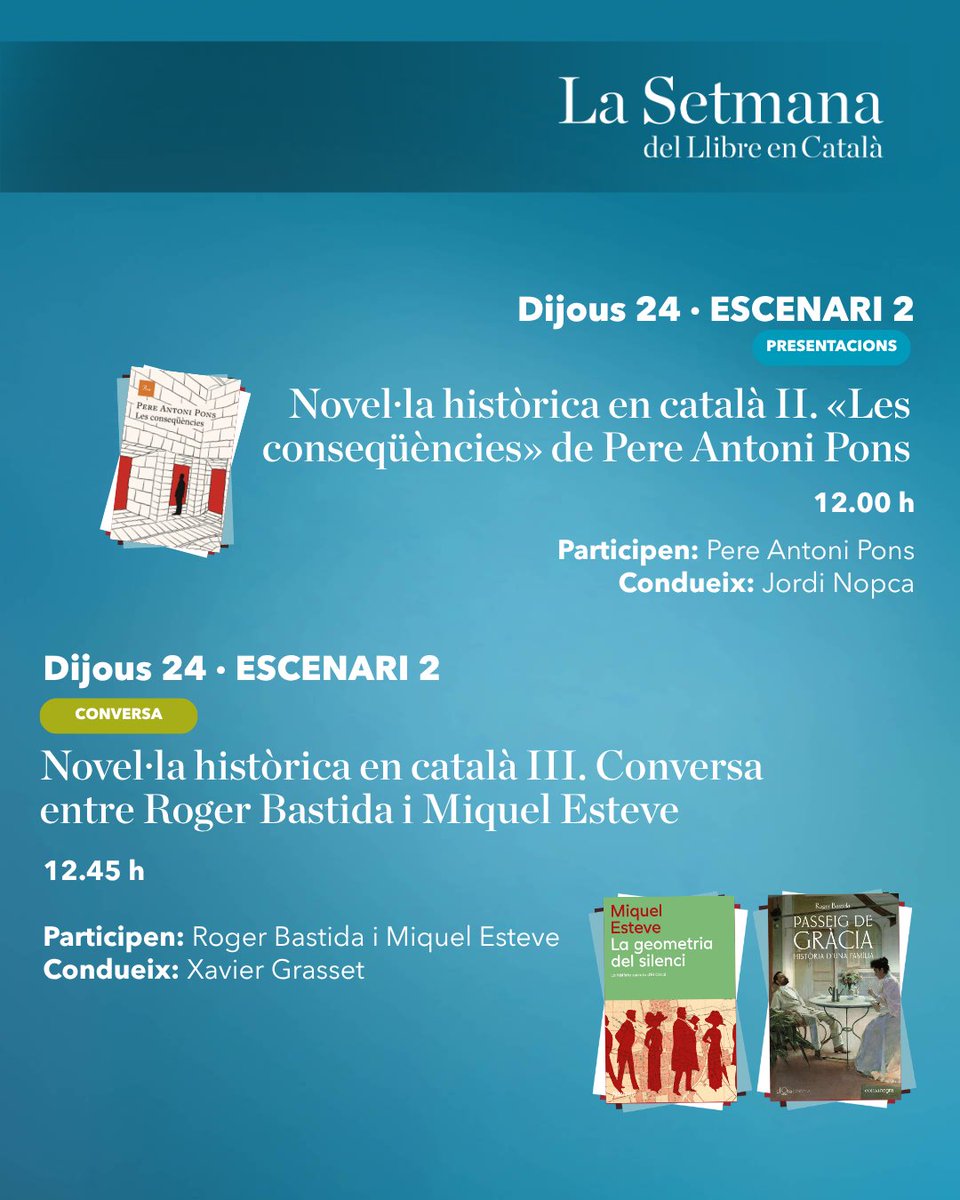 LaSetmana's tweet photo. 📆 Una mostra de les activitats del dijous 24!

Aquest matí entregarem el Premi Difusió a @mariusserra! Dedicarem un bloc a la novel·la històrica en català, on entregarem el Premi Néstor Lujan a “El sastre de Balarcelona” de @PereAnglas. Entre les presentacions, parlarem d’identitat, territori i Barcelona. A l’Escenari familiar, coneixerem la Rita BumBum i farem moltes més activitats per a tots els públics.

A la tarda, dedicarem un bloc a la llengua catalana, on hi participaran Plataforma per la Llengua (@llenguacat) i @OscarAndreu amb el seu “Manual de Defensa del Català”, entre d’altres. Amb la Casa de la Creació tindrem la @carlaclavera, @elsbookhunters, i el Club Tàndem de Juliana Canet i @mporrasmarti. També dedicarem un bloc al teatre i celebrarem els 50 anys del @teatrelliure. 

🔗 Tot això i molt més a l'enllaç de la bio.