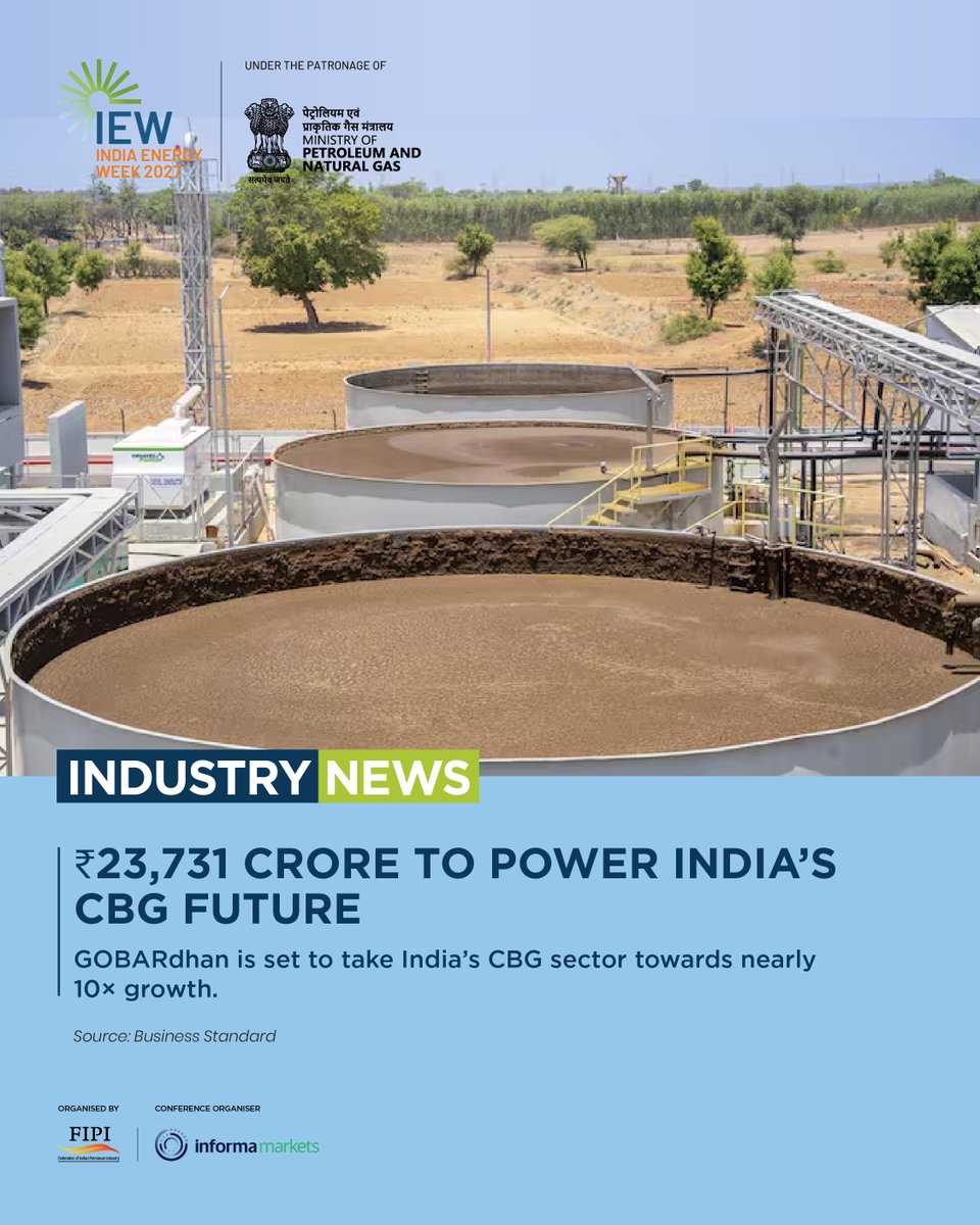 IndiaEnergyWeek's tweet photo. With a ₹23,731 crore outlay, the GOBARdhan National Circular Bioenergy Scheme aims to accelerate domestic CBG growth through assured offtake, stable pricing, capital assistance and pipeline connectivity.

From organic resources to clean energy, the opportunity is expanding across India’s bioenergy value chain.

Energy security begins with choices — more sources, more solutions, more possibilities. India Energy Week 2027 brings the global energy community together to explore new energy pathways and the people, technologies and ideas shaping a more secure energy future for India and the world.

Register your delegate interest: https://t.co/c6AGmuST5X
Business Standard: https://t.co/VQSVbaoL0a

#IndiaEnergyWeek #IndiaEnergyWeek2027 #IEW2027 #CBG #GOBARdhan #Bioenergy #EnergyTransition #EnergySecurity

@PetroleumMin @fipiind @ONGC_ @IndianOilcl @OilIndiaLimited @BPCLimited @HPCL @EngineersIND @NayaraEnergy @TotalEnergies @ONGC @PetronetLNGLtd @RIL_Updates @ADNOCGroup @bp_plc @Shell @exxonmobil @TotalEnergies
@Chevron @Siemens_Energy @larsentoubro @honeywell @airliquidegroup @ChairmanIOCL @ChairmanONGC @Cairn_Vedanta @bp @chennaipetro @gailindia @Ongc_Mrpl @TechnipFMC @HMEL_India @NRL_MoPNG @Shell_India @AxensGroup @bakerhughesco @EY_India @exxonmobil_ind @IGLSocial @LanzaTech @larsentoubro @Jiobpofficial @SiemensIndi  @topsoe_official @TotalEnergies @WorldLiquidGas @IGU_News @h2epower @IGX_India
