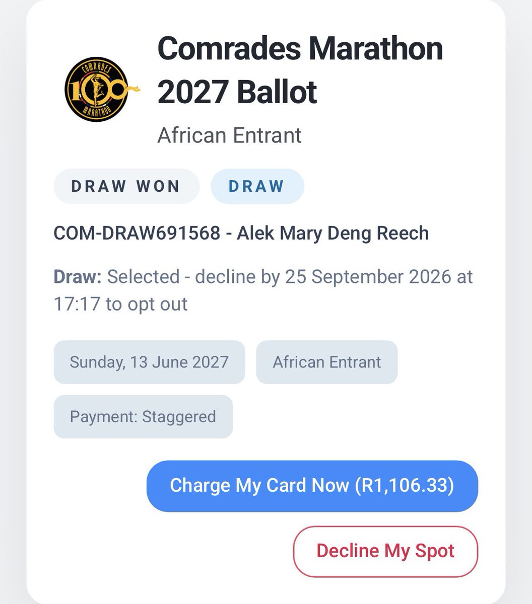 Alek_runs's tweet photo. Omg I got selected @ComradesRace 😳💃🏾I will be the first South Sudanese 🇸🇸💪🏾female national to participate in the comrades 
#comrades2027 #comrades100 #greatstoryevertold https://t.co/BHGFb38hKL