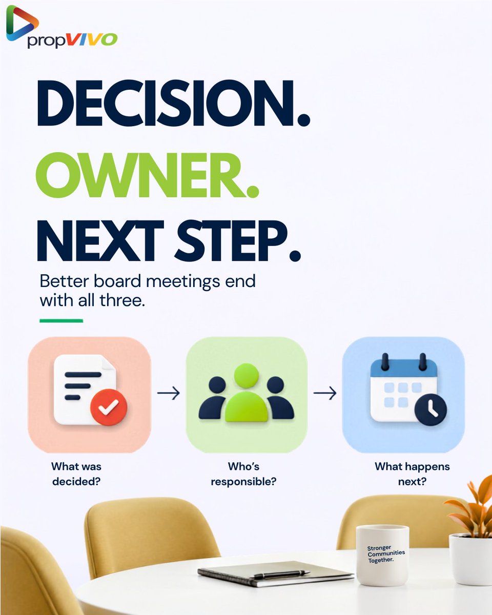propvivo's tweet photo. Keep the meeting short and practical.

#HOABoard #BoardMeetings #CommunityManagement #PropVIVO https://t.co/SSK5lwrS0I