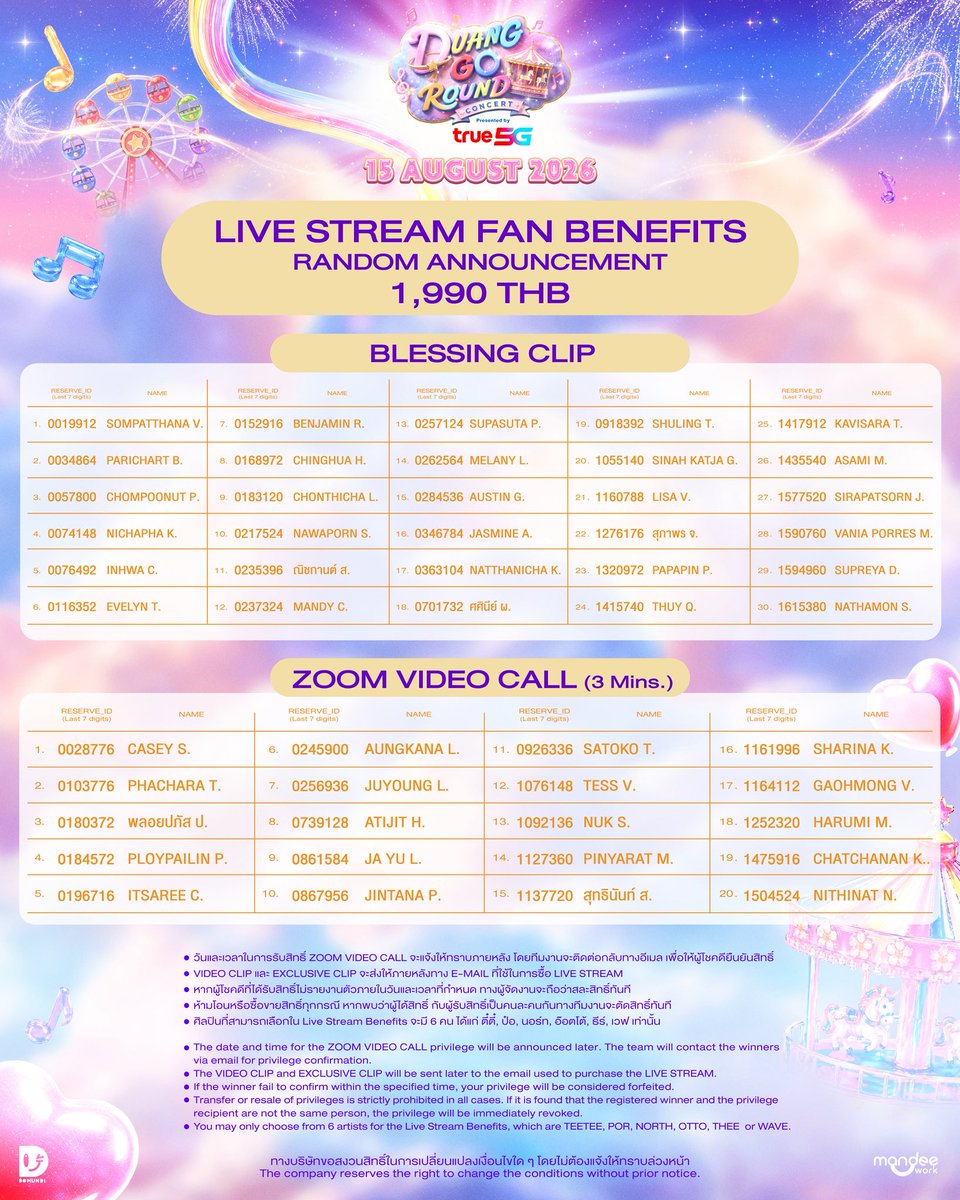 DomundiTV's tweet photo. 𝐃𝐔𝐀𝐍𝐆 𝐆𝐎 𝐑𝐎𝐔𝐍𝐃 𝐂𝐎𝐍𝐂𝐄𝐑𝐓 Presented by True5G 🎪✨

📣 LIVE STREAM FAN BENEFITS RANDOM ANNOUNCEMENT

ประกาศผู้โชคดีที่ได้รับ FAN BENEFITS สำหรับผู้ที่รับชมผ่าน LIVE STREAMING

• Good Morning Clip
• Exclusive Clip (30 sec.)
• Good Night Clip
• Zoom Video Call (60 sec.)
• Blessing Clip
• Zoom Video Call (3 mins.)

DUANG GO ROUND DAY1
#DuangConcertDay1
DUANG GO ROUND DAY2
#DuangConcertDay2