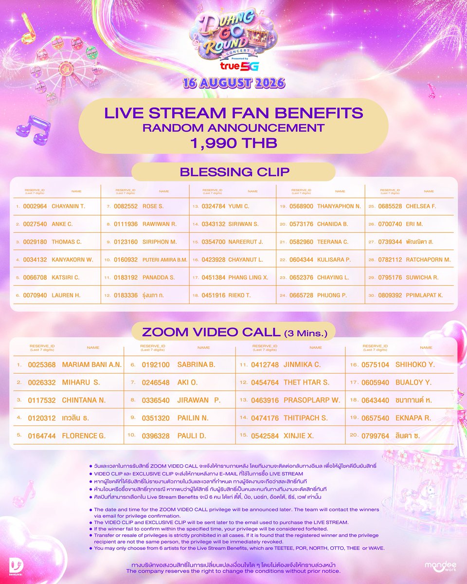 DomundiTV's tweet photo. 𝐃𝐔𝐀𝐍𝐆 𝐆𝐎 𝐑𝐎𝐔𝐍𝐃 𝐂𝐎𝐍𝐂𝐄𝐑𝐓 Presented by True5G 🎪✨

📣 LIVE STREAM FAN BENEFITS RANDOM ANNOUNCEMENT

ประกาศผู้โชคดีที่ได้รับ FAN BENEFITS สำหร���บผู้ที่รับชมผ่าน LIVE STREAMING

• Good Morning Clip
• Exclusive Clip (30 sec.)
• Good Night Clip
• Zoom Video Call (60 sec.)
• Blessing Clip
• Zoom Video Call (3 mins.)

DUANG GO ROUND DAY1
#DuangConcertDay1
DUANG GO ROUND DAY2
#DuangConcertDay2