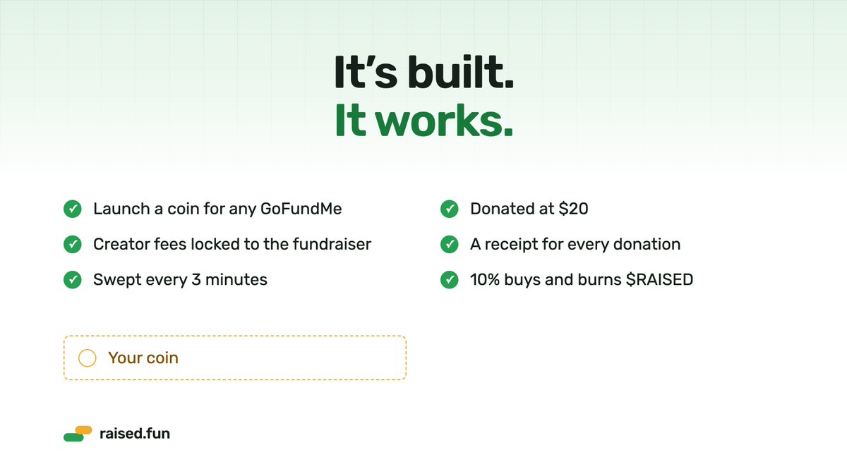 raiseddotfun's tweet photo. Everything's built and running. 

Fees swept every 3 minutes, donated at $20, a receipt for every one. 

All it needs now is more coins.

https://t.co/MFLzcXyjsC https://t.co/BONTXAN2C3