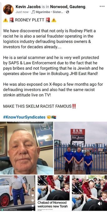 Rahul_AJ_1990's tweet photo. Funny, since the disgusting Rodney Plett's racism was exposed, the @Our_DA hasn't said anything.

Norwood is in Ward 73 in the City of Johannesburg. The Ward Councillor is Eleanor Huggett of the Democratic Alliance (DA).

This is the racism that the DA engenders & subscribes to. Sometimes they say it, sometimes they don't. Sometimes they're exposed, sometimes they're not.

And it pisses me off that Indians, Coloureds & some Africans vote for them.

The DA is openly Zionist. Rodney Plett's racism emanates from Zionism.

And it further pisses me off that Black people (ie. Indians, Coloureds & Africans) vote for them.

The DA is a racist Zionist party that serves as an agent of the West in South Africa.

Its mainstreaming in SA politics & the media is what gives racist scum like Rodney Plett the bravado to do & say as they please - even call for the murder & genocide of innocents.

And our President, compromised because he too is on the take of the same Zionists, is a lameduck spineless coward.

.@MYANC @EFFSouthAfrica