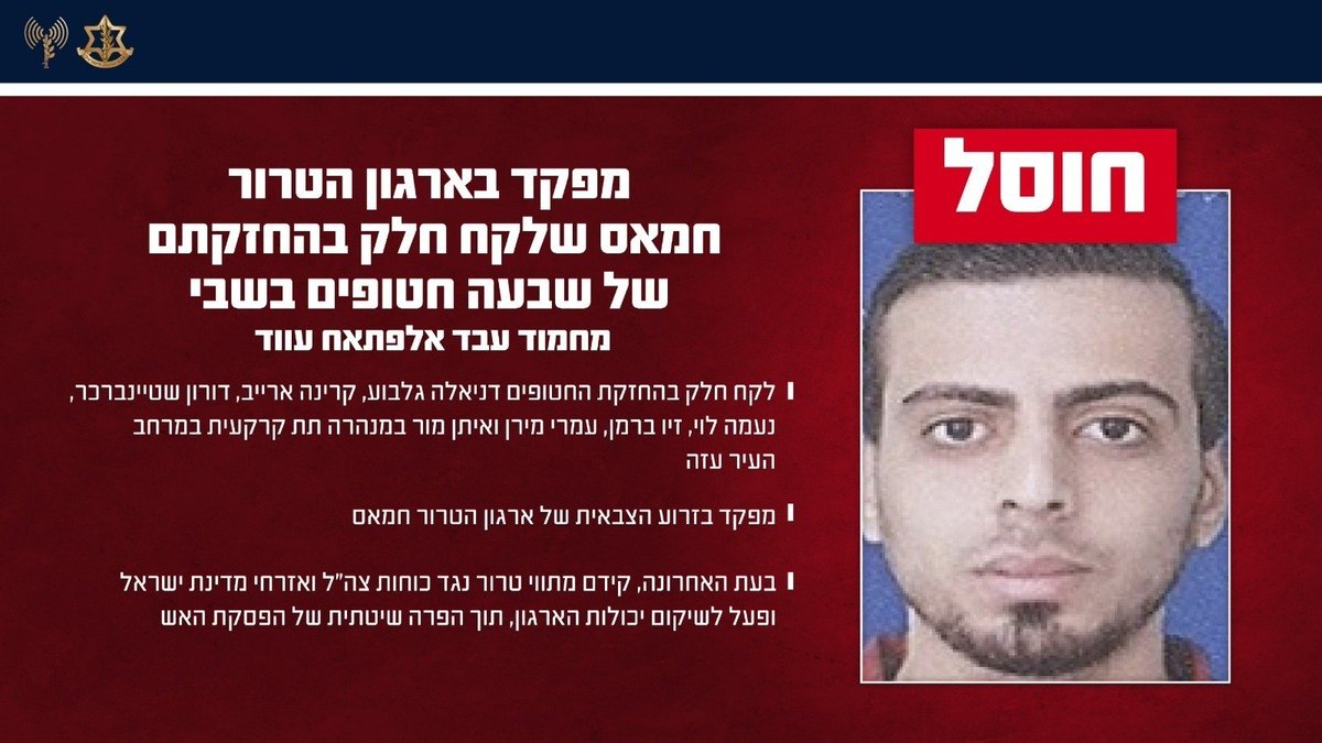 MatthiasInbar's tweet photo. L'armée israélienne annonce avoir éliminé Mahmoud Abdel Fattah Awad, un commandant de la branche armée du Hamas, lors d'une frappe aérienne dans la ville de Gaza. Il était ​impliqué dans la détention de 7 otages :  Daniella Gilboa, Karina Ariev, Doron Steinbrecher, Naama Levy, Ziv Berman, Omri Miran et Eitan Mor,  dans un tunnel sous-terrain.
​il est accusé d'avoir planifié de nouvelles attaques contre Israël, de chercher à reconstruire les capacités du Hamas. @i24NEWS_FR