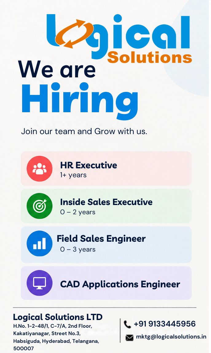 LogicalSol's tweet photo. @LogicalSol
#WeAreHiring #Hiring #WeAreHiring #JobOpenings #HyderabadJobs #HyderabadHiring #CareerOpportunity #JoinOurTeam #LogicalSolutions #JobsInHyderabad #SalesJobs #HRJobs #EngineeringJobs #CADJobs #Careers #HiringNow https://t.co/THRZfddiB7 https://t.co/SKPMr8nlSv