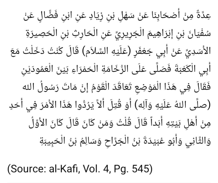 ShiaHadith110's tweet photo. they would never ever let the command (i.e. Khilafat) return to anyone from His AhlulBayt (as)"

I asked, "And Who were those people?"

Imam Ali ibn Husain (as) said, "The first one (Abu Bakr), the second one (Umar), Abu Ubaydah bin al-Jarrah and Salim bin al-Habebah." https://t.co/9PJ6T7MaLy