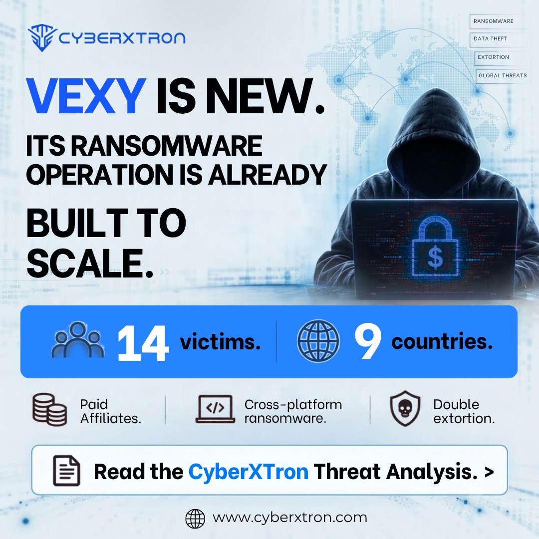 CyberxtronTech's tweet photo. VEXY is new, but its ransomware operation is already scaling fast.

CyberXTron tracked 14 victims across 9 countries in its first weeks, alongside a structured RaaS model and double-extortion activity.

Read the full CyberXTron Threat Analysis:
https://t.co/hQbRk2Kbhy

#CyberXTron #VEXYRansomware #Ransomware #ThreatIntelligence #CyberSecurity