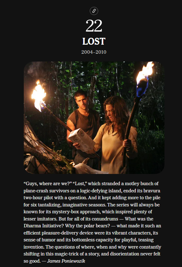 teamdeckerstar's tweet photo. adam scott picked lost for the new york times top 100tv shows of the 21st century &amp; talks about a TV trope that “lost” introduced https://t.co/ffvK7D2EoJ