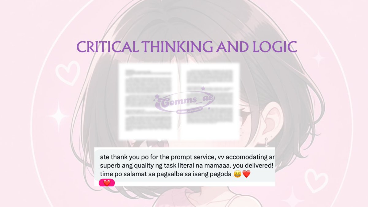 commsbyae's tweet photo. Critical Thinking and Logic

🏷️philosophical analytical deductive inductive reasoning  reasoning logical fallacies argument analysis humanities and social science requirements  written reports research papers literature reviews reaction papers worksheets reviewers 

#craftedbyae https://t.co/Vf20oLfYi2