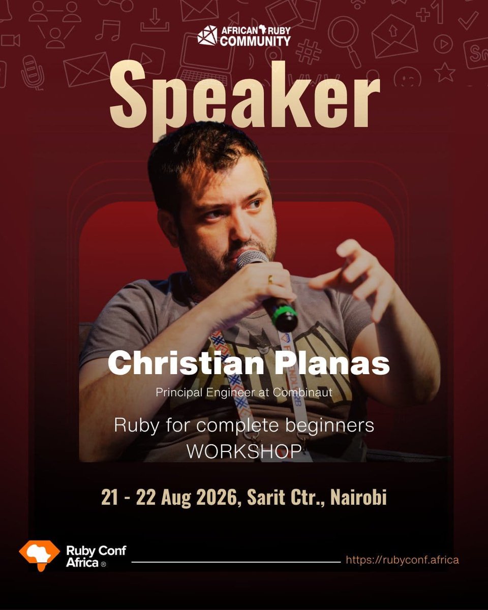 NairubyKE's tweet photo. Time to scale.๐
Building an app is one thing. Keeping it healthy as systems, traffic, and teams grow is another.
Tomorrow, Christian Planas tackles The Three Villains of Rails Scalability, and How to Defeat Them. ๐
#RCA2026 #RubyConfAfrica2026 #ARC #NairobiTech #AfricanRuby https://t.co/MNh1tqrWNF