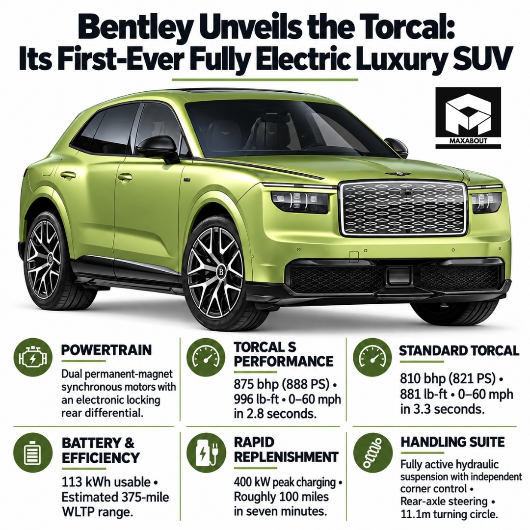maxabout's tweet photo. ⚡ Bentley debuts the all-new Torcal: its first EV!

Up to 875 bhp &amp; 996 lb-ft
0–60 mph in 2.8s
113 kWh battery / 375 mi range
400 kW charging (10–80% in 16m)

#Bentley #Torcal #CarNews #EV https://t.co/yiSB8qc7JP