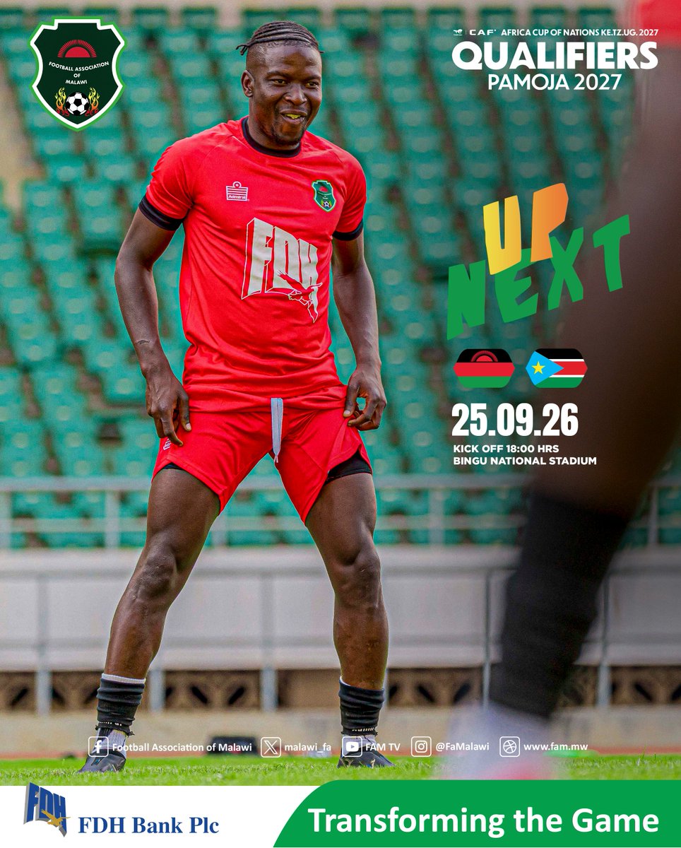 FaMalawi's tweet photo. The journey to AFCON 2027 begins tomorrow. 🇲🇼

The Flames face South Sudan in their opening match of the 2027 Africa Cup of Nations Qualifiers at Bingu National Stadium. 

Kick-off: 18:00. https://t.co/z4sSKtLMuW