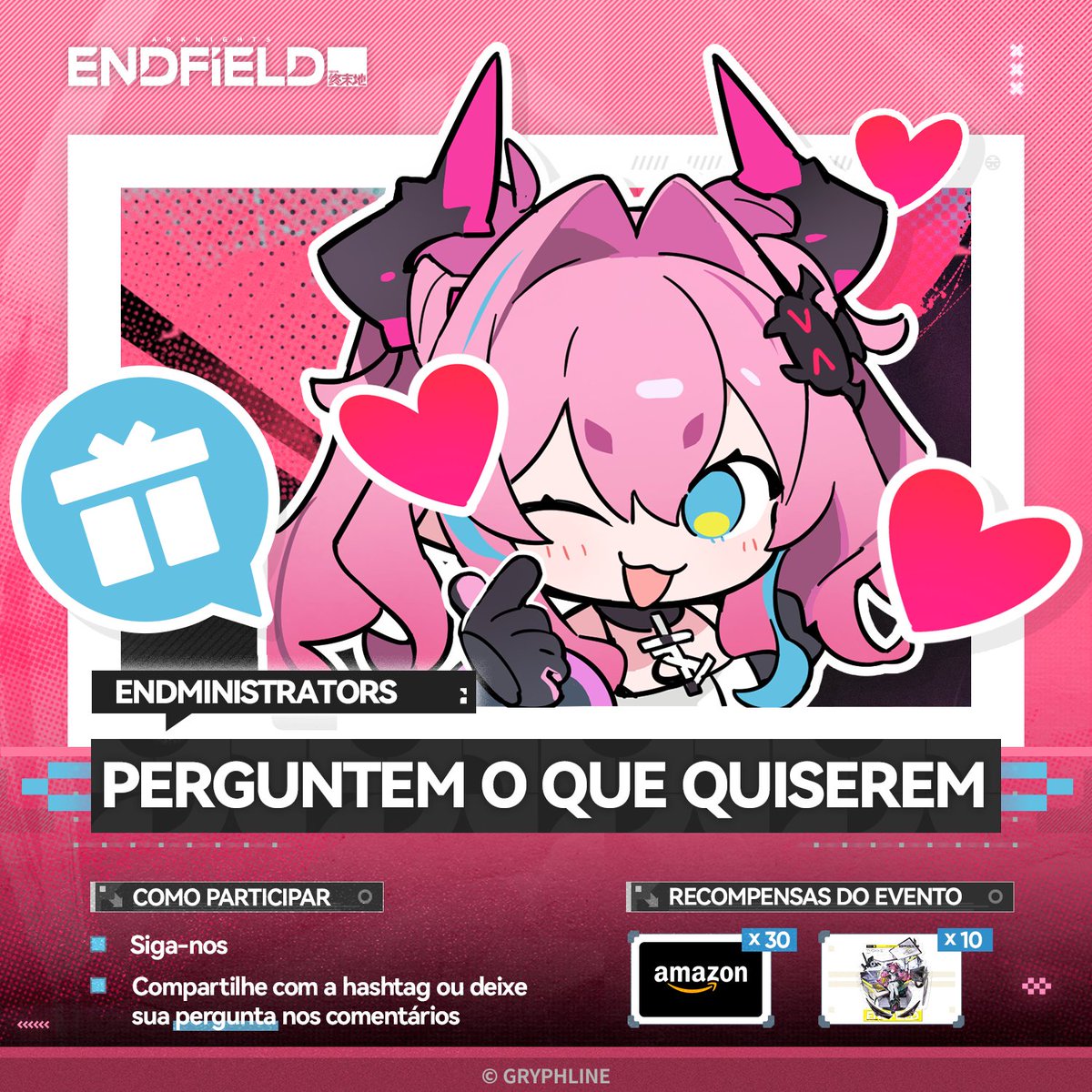 AKEndfieldBR's tweet photo. 🎁Boas-vindas ao evento especial Ask Me Anything de Endfield, Endministrator.

Este é um evento de perguntas e respostas para todos os Endministrators, com a participação de diferentes operadores de vez em quando. Você pode fazer perguntas a eles.

Nossa convidada para esta sessão é a Operadora Yvonne, que foi recomendada a Andre por Crowe, do STUT. Ela ingressou na Divisão Técnica Especializada da Endfield Industries via canal "Recrutamento de Talentos Especializados". Yvonne agora lidera vários projetos de pesquisa sobre o Æther, a Praga e os Tranquilizadores Autômatos Trans-Æther associados aos dois primeiros. Graças às suas excelentes capacidades em pesquisa científica, ela recebeu bolsas e recursos adicionais para apoiar sua pesquisa independente.

"Então, onde vamos nos divertir hoje, Endmin? Sincronização de dados concluída. Estou pronta para começar a qualquer momento!"

Compartilhe esta publicação com as hashtags #EndfieldAMA #ArknightsEndfield ou deixe suas perguntas para Yvonne nos comentários. Selecionaremos algumas das perguntas e ela as responderá diretamente em uma publicação de perguntas e respostas.

Selecionaremos aleatoriamente 30 vencedores entre todos os Endministrators participantes para receber um cartão-presente da Amazon no valor de US$ 20. Se a sua pergunta for escolhida, você também receberá um Boneco de Acrílico de Personagem de Arknights: Endfield (Yvonne).

▼// Período do evento
26 de setembro de 2026 – 3 de outubro de 2026 (UTC+8)

▼// Regras do evento
https://t.co/NLCzsFrtuG

#ArknightsEndfield #EndfieldAMA