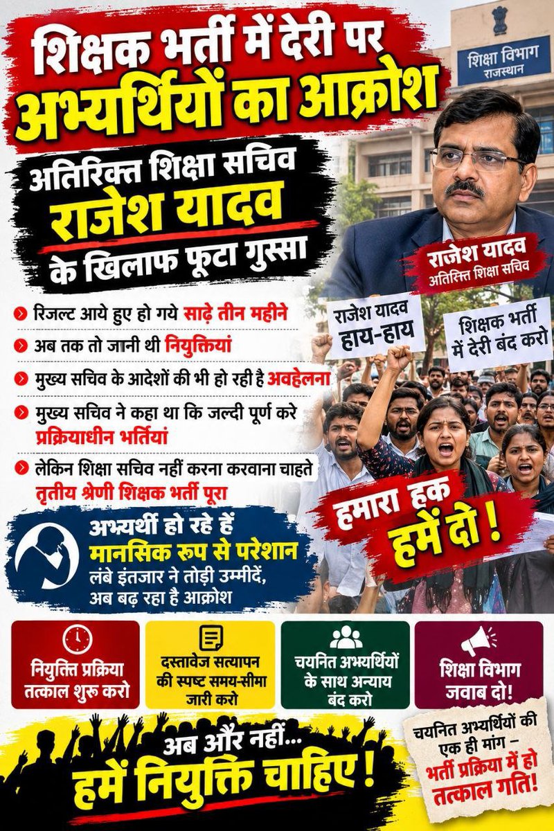 Ankitvih's tweet photo. 🙏 कृपया Level-1 की DV Schedule जल्द जारी करवाकर चयनित अभ्यर्थियों को राहत प्रदान करें।
अब और इंतजार नहीं…
चयनित अभ्यर्थियों को उनका हक और नियुक्ति चाहिए।
#acs_rajesh_yadav_resgin_do
@svoruganti1466 
@madandilawar 
@BhajanlalBjp 
@alokrajRSSB 
@RajCMO 
@kkvishnoibjp https://t.co/gfRzhzFlag