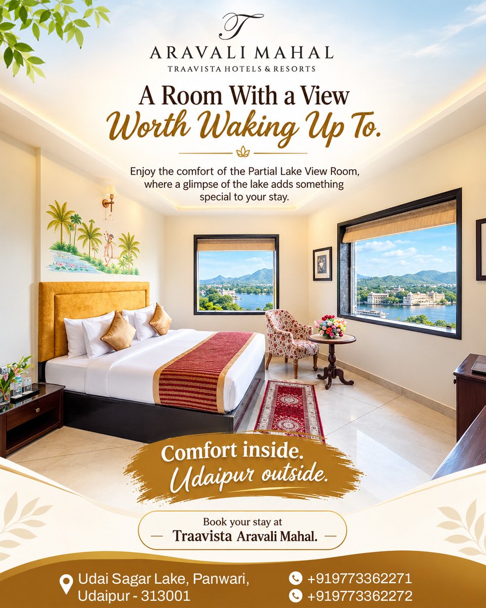 AravaliMahal's tweet photo. A room with a view, a stay worth remembering. 

Wake up to beautiful lake views and enjoy a peaceful stay at Traavista Aravali Mahal, Udaipur. 

📍 Udai Sagar Lake, Udaipur
🌐 https://t.co/3mrC8qeYRl

#TraavistaAravaliMahal #Udaipur #UdaipurHotels #LakeView #UdaipurStay https://t.co/6MgsRZyQaE