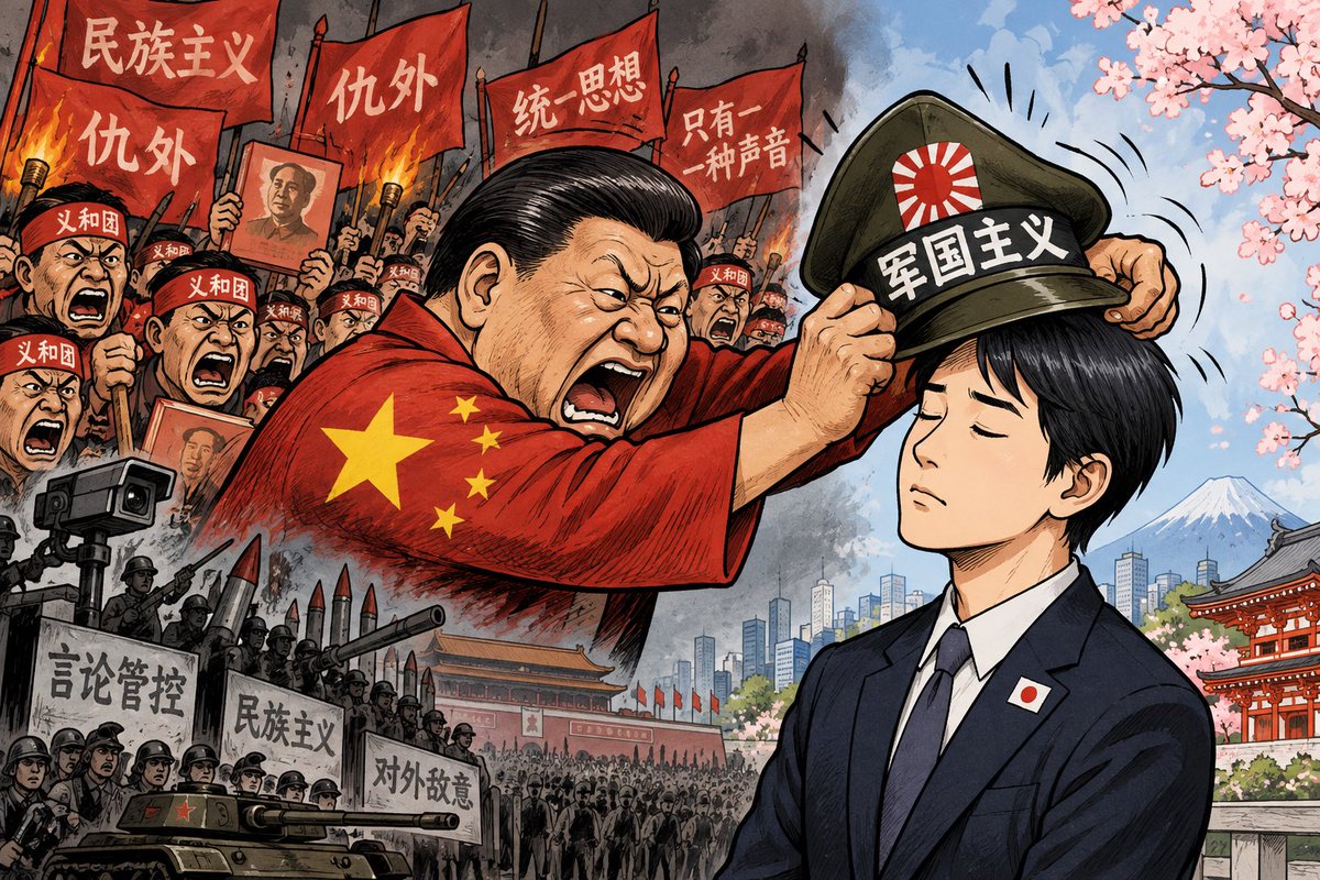 Hh06554468Hh's tweet photo. 《一个越来越法西斯化的中国，却总想把“军国主义”的帽子扣在文明的日本头上》

我特别想对日本朋友说几句。

今天中国总喜欢拿日本的右翼势力、靖国神社这些事情大做文章，好像日本只要存在右翼，就能证明日本还是军国主义。可在我看来，这恰恰是在混淆两个完全不同的概念。

这两天因为X有自动翻译，我看了很多日本网友的留言。坦率讲，至少在我看到的这些留言里，日本网友是我见过表达最平和、最克制、最少攻击性的群体之一。很少为了逞一时口舌之快就满嘴辱骂。这种温良恭俭让，在我看来，本身就是日本作为当今世界高度发达、文明社会的一种体现。

为什么日本有再多右翼，我也不会因此把日本称为“军国主义国家”？因为日本是民主社会。有右翼，也有左翼，有共产党，甚至允许中共国人跑到富士山上举中国国旗。

右翼怎么了？右翼不过是一个多元民主社会里允许存在的一种声音。有人向左，有人向右，有人站中间，大家可以公开争论——这他妈才叫正常社会。

反过来看看现实。

中国网红“铁头”跑到日本靖国神社撒尿、涂鸦，还把视频发到网上。 那我就想问一句：

你们天天骂日本人“军国主义”，那你见过多少日本人专门跑到中国来，在中国人的纪念场所撒尿、涂鸦、搞破坏，再拍个视频回去炫耀？

所以有些事情，根本不需要我替日本人说什么好话，更不需要我替日本“辩护”。

事实就在那儿摆着。你说人家是军国主义，那起码你得表现得比人家文明吧？可现实恰恰相反。

所以我真正警惕的，从来不是一个社会里有右翼。

真正的军国主义社会是什么？就是一个全民义和团化、只剩下一种声音的社会。至少在我看来，今天的中国，就是这个揍性！