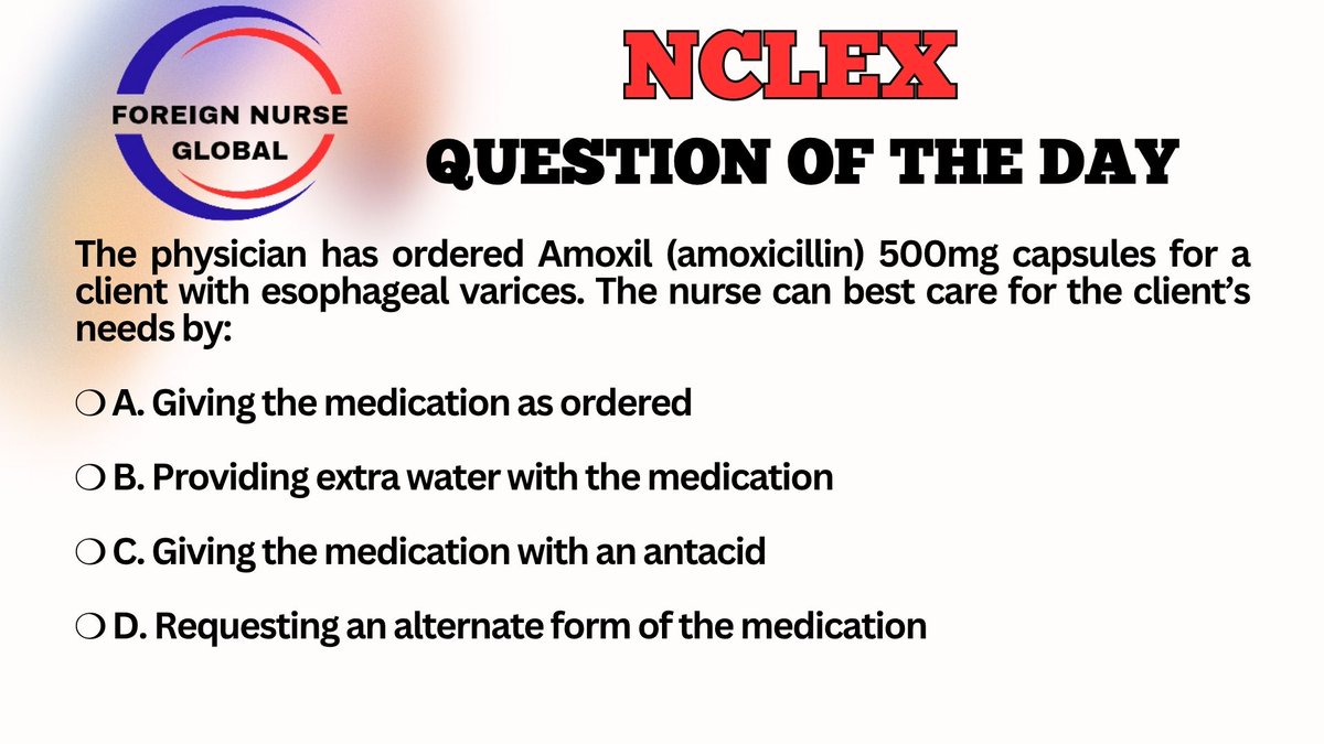 foreignnurseglb's tweet photo. LET'S ATTEMPT NCLEX QUESTION TODAY....
SEND IN YOUR ANSWERS.....
THE CORRECT ANSWER WILL BE POSTED LATER.....
#FNG #foreignnurseglobal #nclexreview #nclexsurepass #nclexmadeeasy #nclexpass #NCLEX #NCLEX_RN #nclexprep #nclexquestions #nclexstudy #nclextips #USRN #nclexpreparation https://t.co/q2GPtWz67U