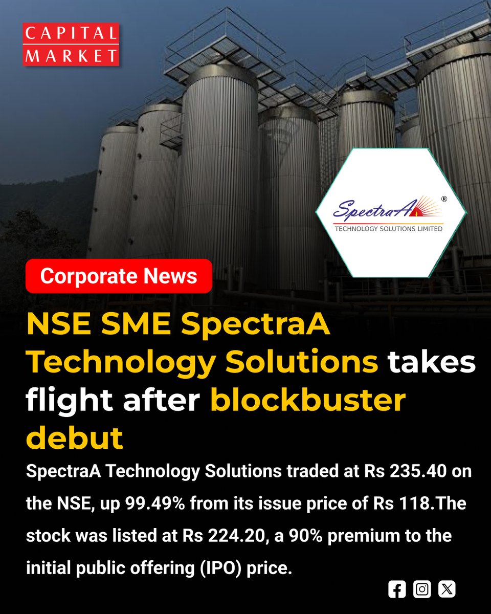 CapitalMarket17's tweet photo. Blockbuster SME Debut: SpectraA Technology Solutions Soars 90% at Listing, Hits Upper Circuit!
https://t.co/1L6mkco6Mu
#SpectraATechnology #NSESME #IPODebut #BlockbusterListing #SMEIPO #ListingGain #UpperCircuit #StockMarketIndia #ShareMarket #DalalStreet #NSEIndia #BSEIndia https://t.co/XJFXLijkjr