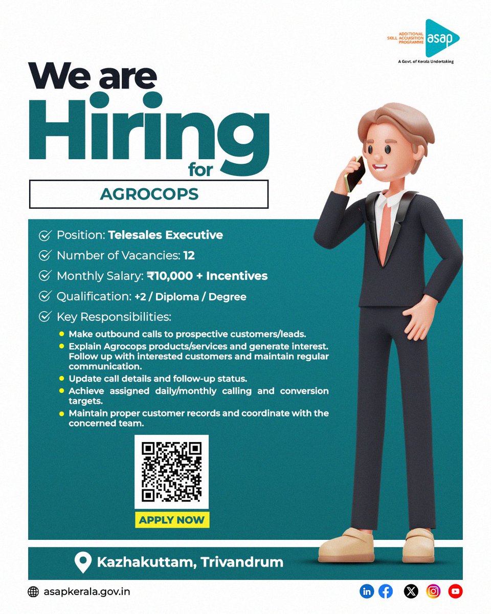 asap_kerala's tweet photo. ASAP Kerala is hiring Tele-sales Executives for Agrocops, Kazhakuttam, Trivandrum. Interested and eligible candidates may apply via online mode only, through the official website.

Scan the QR code or visit https://t.co/ydoSYP5Vet to apply!

#Hiring #Sales #ASAPKerala https://t.co/ET6RZTIVUB