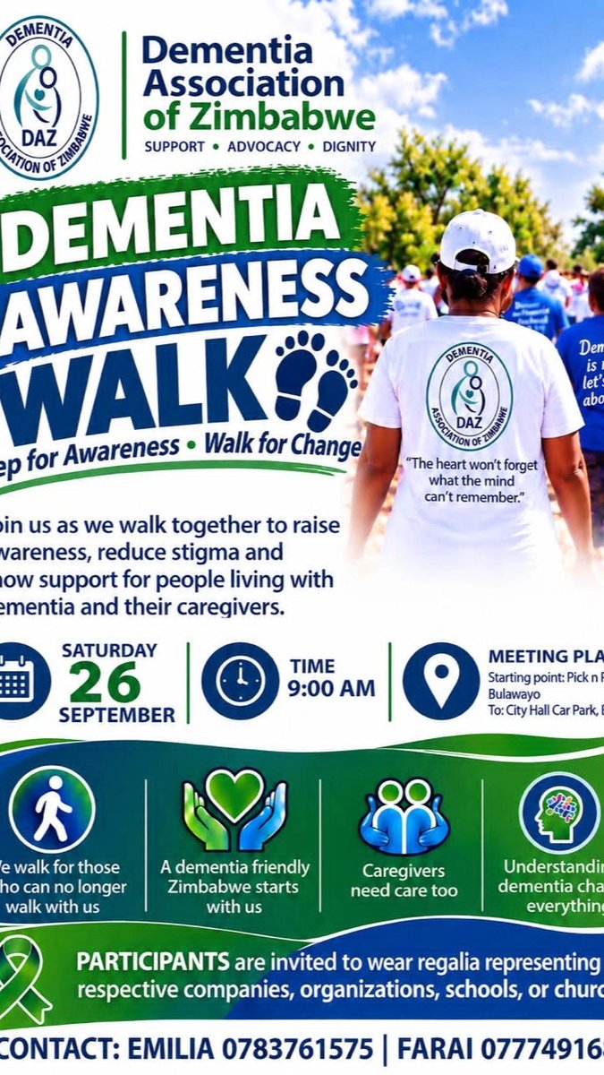 DementiaAss_Zim's tweet photo. Join the Dementia Association of Zimbabwe (DAZ) for our Dementia Commemoration Walk in Bulawayo as we walk together to raise awareness, challenge stigma, and show support for people living with dementia, their families and caregivers.

Date: 26 September 2026
 #Dementiaawareness https://t.co/rYSrvbgzjN