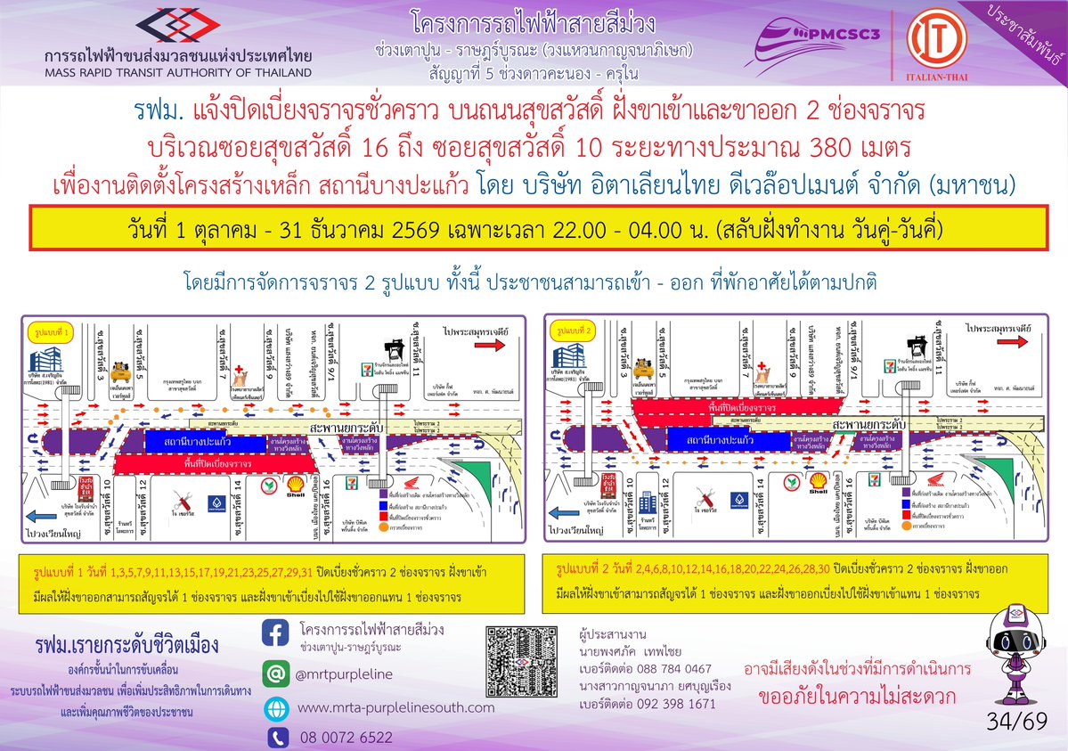 ProMassCommPr's tweet photo. 🚗🚧รฟม. แจ้งปิดเบี่ยงจราจรชั่วคราวบนถนนสุขสวัสดิ์ ฝั่งขาเข้าและขาออก 2 ช่องจราจร บริเวณซอยสุขสวัสดิ์ 16 ถึง ซอยสุขสวัสดิ์ 10 เพื่องานติดตั้งโครงสร้างเหล็ก สถานีบางปะแก้ว โครงการรถไฟฟ้าสายสีม่วง ช่วงเตาปูน - ราษฎร์บูรณะ (วงแหวนกาญจนาภิเษก) วันที่ 1 ตุลาคม - 31 ธันวาคม 2569 เฉพาะเวลา 22.00 - 04.00 น. (สลับฝั่งทำงาน วันคู่ - วันคี่)