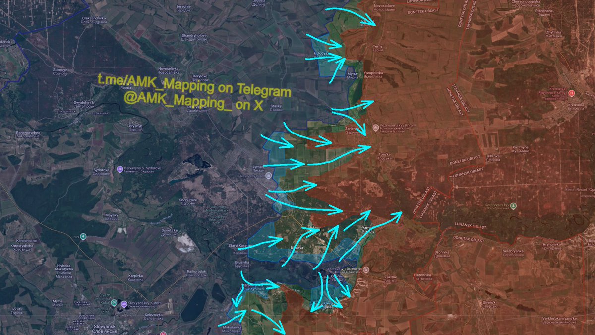 AMK_Mapping_'s tweet photo. The Zapad fuckup in Lyman continues, and is now extending further south, as the Ukrainian counteroffensive enters its 5th month. 

Ukrainian forces have the initiative are now advancing along a 70 km-long front, reversing over a year of Russian progress. Counterattacks have now spread to the Slovyansk direction too, where progress is being made.