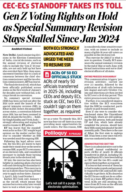 ShoaibDaniyal's tweet photo. Another bombshell: ET reports Gyanesh is holding back Gen Z voter enrollment even as the other two commisioners dissent. https://t.co/mStxexGXJ8