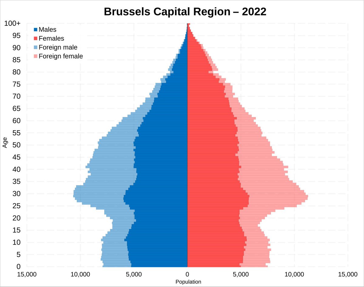 Gynephila's tweet photo. Brussels is *the* example of why mass migration is not a good long term solution to demographic decline.

Half of its population is foreign-born, 3/4 is of foreign descent, and 40% is non-European... and it still suffers from demographic decline and the lowest TFR in Belgium. https://t.co/IvsR3jkiG7