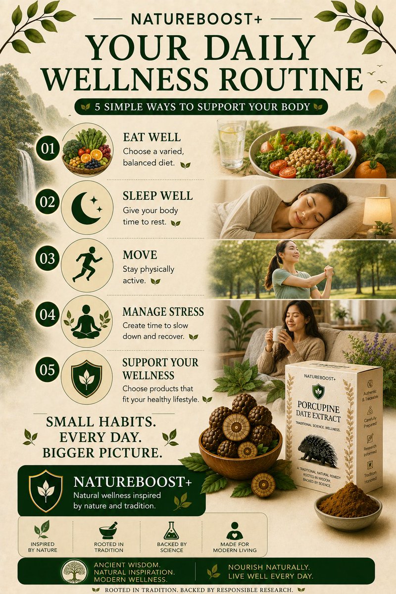 Natureboostplus's tweet photo. NATUREBOOST+

Your Daily Wellness Routine

5 Simple Ways to Support Your Body

1. EAT WELL
2. SLEEP WELL
3. MOVE
4. MANAGE STRESS
5. SUPPORT YOUR WELLNESS

#natureboost #NatureBoost+ #natureboostplus #porcupine #porcupinedates #porcupinebezoar #womenswellness https://t.co/NBFVvsKjUa