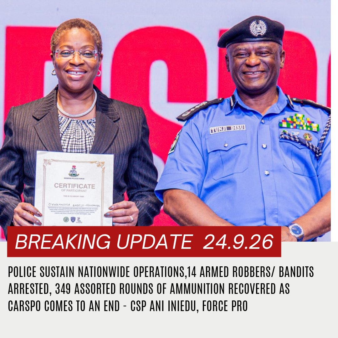 CspIniedu's tweet photo. Good Morning Esteemed,

Kindly find below the State-by-State Executive Summary of @policeNG Operational Successes for 24th September, 2026:

1. KADUNA STATE (22nd September, 2026): ARREST OF GUN-RUNNING SYNDICATE / RECOVERY OF 300 LIVE AMMUNITIONS

✅ Police detectives, acting on credible intelligence, successfully intercepted and arrested two suspected gun runners en route to a bandits’ camp.

✅ A total of 300 live rounds of ammunition were successfully recovered from the suspects.

✅ The suspects are providing useful information to assist in apprehending their accomplices and tracing the source of the exhibits.

🔹 Status: SCID Kaduna Investigating.

2. BENUE STATE (23rd September, 2026): ARREST OF SUSPECTED GUN RUNNER / RECOVERY OF 45 LIVE AMMUNITIONS

✅ Police operatives, while conducting routine patrol and stop-and-search operations, successfully arrested a suspected gun runner.

✅ Forty-five assorted rounds of live ammunition were successfully recovered from the suspect.

✅ The suspect confessed to the crime and provided information on his accomplices.

🔹 Status: SCID Makurdi Investigating.

3. DELTA STATE (22nd September, 2026): ARREST OF MURDER SUSPECT / RECOVERY OF WEAPONS

✅ Police detectives, acting on intelligence, successfully arrested a fleeing murder suspect.

✅ The suspect confessed to the crime during interrogation.

✅ A search of his apartment led to the recovery of four cutlasses and one shovel.

🔹 Status: SCID Asaba Investigating.

4. DELTA STATE (22nd September, 2026): ARREST OF FOUR SUSPECTS / RECOVERY OF FIREARM AND VEHICLE

✅ Police operatives successfully responded to a violent clash between rival cult groups during the Eku Festival.

✅ Four suspects were successfully arrested in connection with the incident.

✅ One locally-made cut-to-size gun and one vehicle were successfully recovered.

🔹 Status: SCID Asaba Investigating.

5. ADAMAWA STATE (23rd September, 2026): ARREST OF FOUR SUSPECTS IN HOMICIDE CASE

✅ Police operatives successfully arrested four suspects linked to the death of a victim following an alleged assault.

✅ The suspects have provided useful statements to assist the ongoing investigation.

🔹 Status: SCID Yola Investigating.

6. KADUNA STATE (20th September, 2026): ARREST OF TWO ARMED ROBBERY SUSPECTS / RECOVERY OF EXHIBIT

✅ Police operatives, in collaboration with local security personnel, successfully arrested two suspects linked to an armed robbery along the Zaria-Kano Expressway.

✅ One suspect confessed to the crime and identified himself as a member of a robbery syndicate.

✅ A bow and arrow were successfully recovered from one of the suspects.

🔹 Status: SCID Kaduna Investigating.

7. EKITI STATE (23rd September, 2026): ARREST OF SUSPECT / RECOVERY OF WEAPON

✅ Police operatives on routine patrol successfully arrested a suspect linked to a public disturbance and assault incident at Oke-Ila, Ado-Ekiti.

✅ A dagger used in the incident was successfully recovered from the suspect.

✅ The injured victim was successfully conveyed to a medical facility for treatment.

🔹 Status: SCID Ado-Ekiti Investigating.

8. LAGOS STATE (21st September, 2026): RECOVERY AND RETURN OF STOLEN TRICYCLE

✅ Police patrol operatives successfully recovered an abandoned tricycle suspected to have been stolen.

✅ The rightful owner subsequently identified the vehicle and provided proof of ownership.

✅ The recovered tricycle was successfully released to the owner on bond.

🔹 Status: SCID Panti Investigating.

9. ANAMBRA STATE (22nd September, 2026): RECOVERY AND SAFE CUSTODY OF ABANDONED INFANT

✅ Police operatives successfully recovered a six-month-old female infant abandoned at Ire Village, Abba.

✅ The infant was safely taken into police custody, while arrangements were initiated for her transfer to the appropriate government agency for necessary care and protection.

🔹 Status: SCID Awka Investigating.

#PoliceIsYourFriend #CitizensAreTheBoss