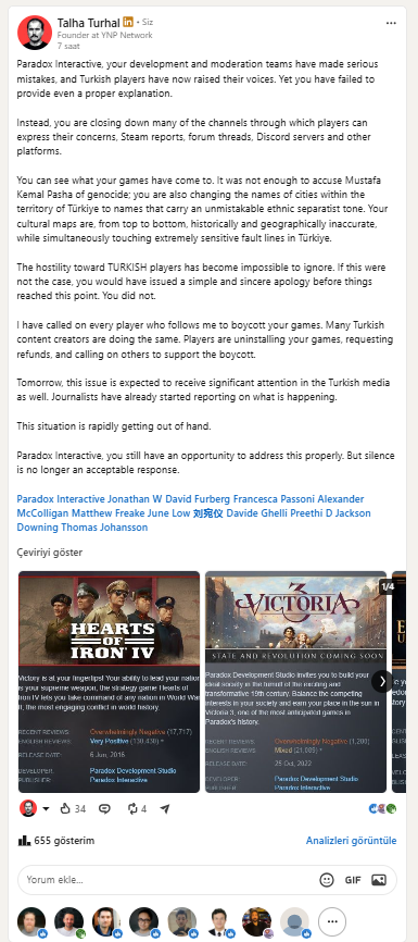 YabguNizamPasha's tweet photo. Arkadaşlar günaydın. Paradox boykotuna aynen devam. Linkedin cephesine destek lazım ivedi. 

Burada @PdxInteractive çalışan konuyla alakalı kişiler de etiketli. 

Linkedin, bilmeyenler için kurumsal bir sosyal medya ağı. İlk yoruma erişim için gerekli detayları bırakıyorum. Hemen alta.