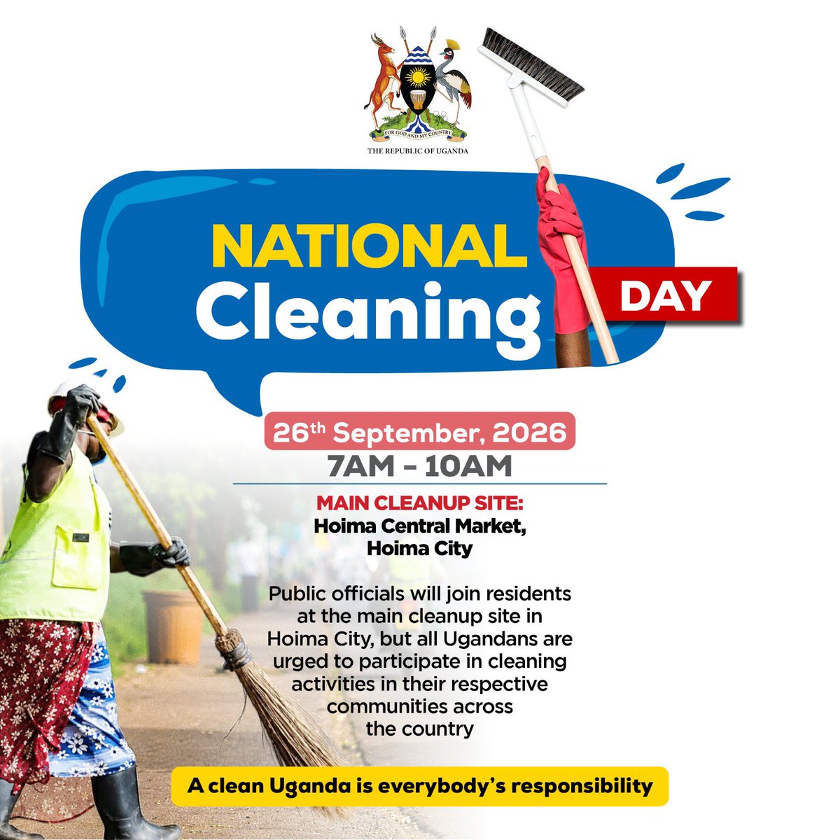OPMUganda's tweet photo. Just two days to the National Cleaning Day! The main cleanup site will be in Hoima, but we are all encouraged to participate in cleaning activities in our respective communities across πΊπ¬.
#OPMUganda #NationalCleaningDay #KeepUgandaClean https://t.co/XzI83ey2st