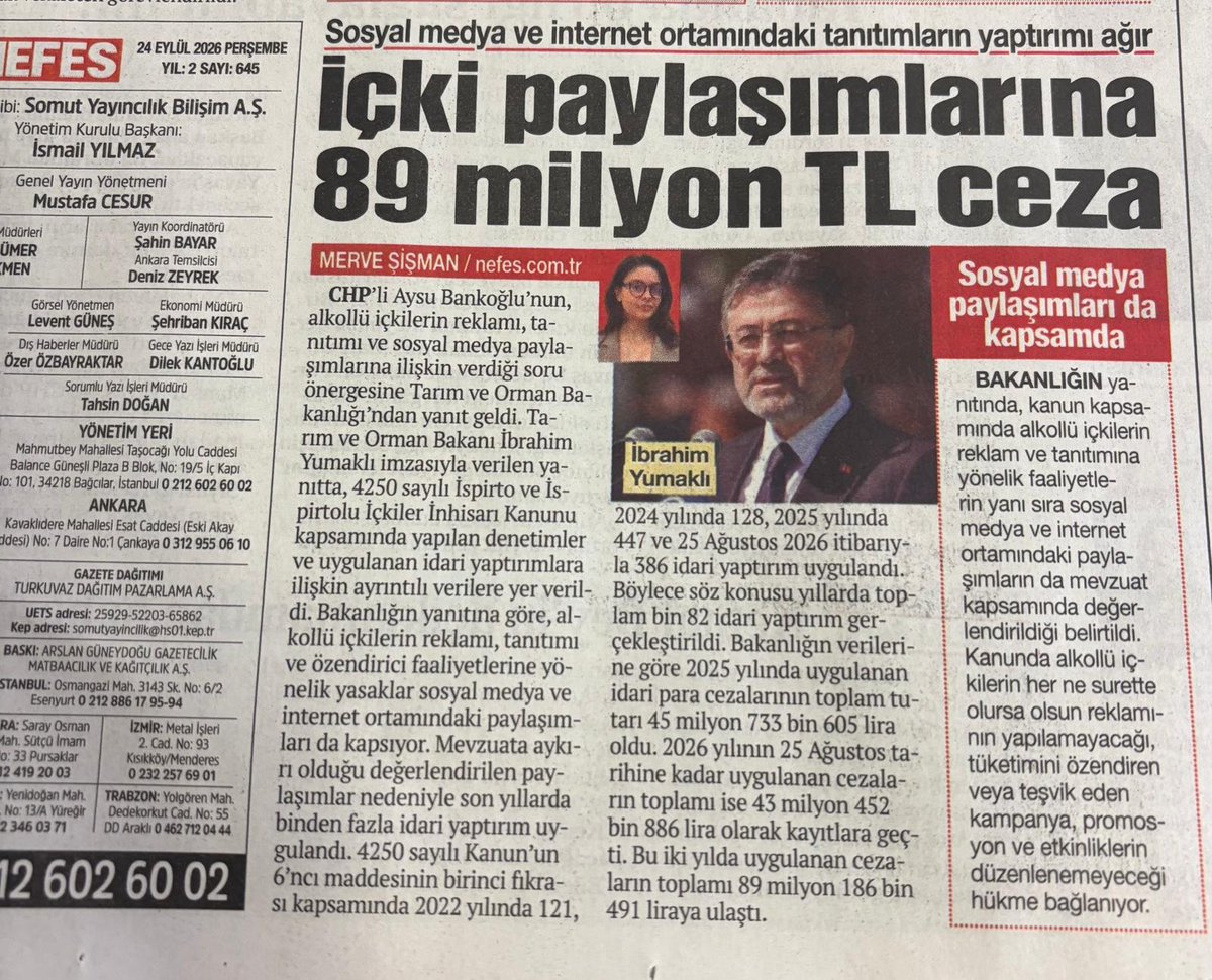 mervsismn's tweet photo. Sosyal medya ve internet ortamındaki tanıtımların yaptırımı ağır: İçki paylaşımlarına 89 milyon TL ceza

CHP Bartın Milletvekili Aysu Bankoğlu’nun alkollü içkilerin reklamı, tanıtımı ve sosyal medya paylaşımlarına ilişkin soru önergesine Tarım ve Orman Bakanlığı yanıt verdi. 

4250 sayılı Kanun kapsamında yapılan denetimlerde 2024’te 128, 2025’te 447, 25 Ağustos 2026 itibarıyla ise 386 idari yaptırım uygulandı. 

Bakanlık verilerine göre 2025’te 45 milyon 733 bin 605 TL, 2026’da 25 Ağustos’a kadar 43 milyon 452 bin 886 TL olmak üzere toplam 89 milyon 186 bin 491 TL idari para cezası kesildi. 

👇👇👇