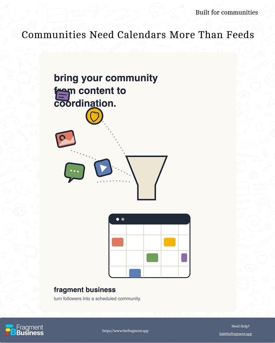 thefragmentapp's tweet photo. A calendar can become your community's front door
Follow upcoming events, RSVP, Book sessions, Receive schedule changes, See recurring activities, Interact with organisers

#Communities #clubs #coaching #groupactivities #rsvp #shareevents #comment #organisertool #booksessions https://t.co/rIf8R09MA0