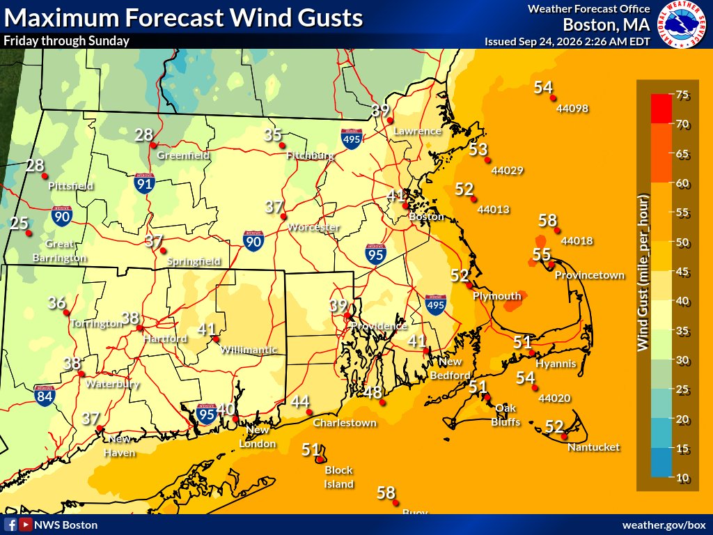 NWSBoston's tweet photo. [Coastal Storm Fri-Sun] Our early season nor'easter will bring strong winds  Friday to Sunday. Fully leafed trees will lower the threshold for impacts, potentially causing downed limbs and some power outages. https://t.co/nG63Dh7Tws