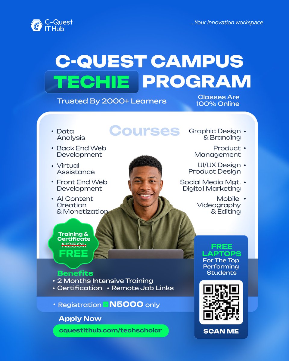 cquestithub's tweet photo. 🚨 NIGERIAN STUDENTS, THERE'S ROOM FOR YOU!
Fully Funded  Scholarship, laptops, and job networks, for Nigerian Students

Register with just 5K, and join our next Tech Cohort

Limited slots available. Hurry!
#CQuestITHub #Techscholarship #Digitalskills #Campustechie https://t.co/TierV2mR6u