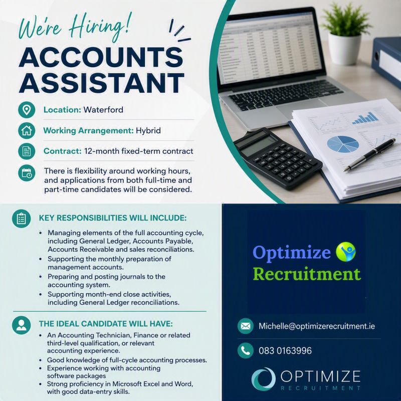 OptimizeCareers's tweet photo. 📢 Accounts Assistant | Waterford | Hybrid
Looking for your next finance role with flexibility and a great team environment?
📧 Michelle@optimizerecruitment.ie
📞 083 016 3996
#AccountsAssistant #FinanceJobs #WaterfordJobs #HybridWorking #ORJobs https://t.co/yBctiH6uUu