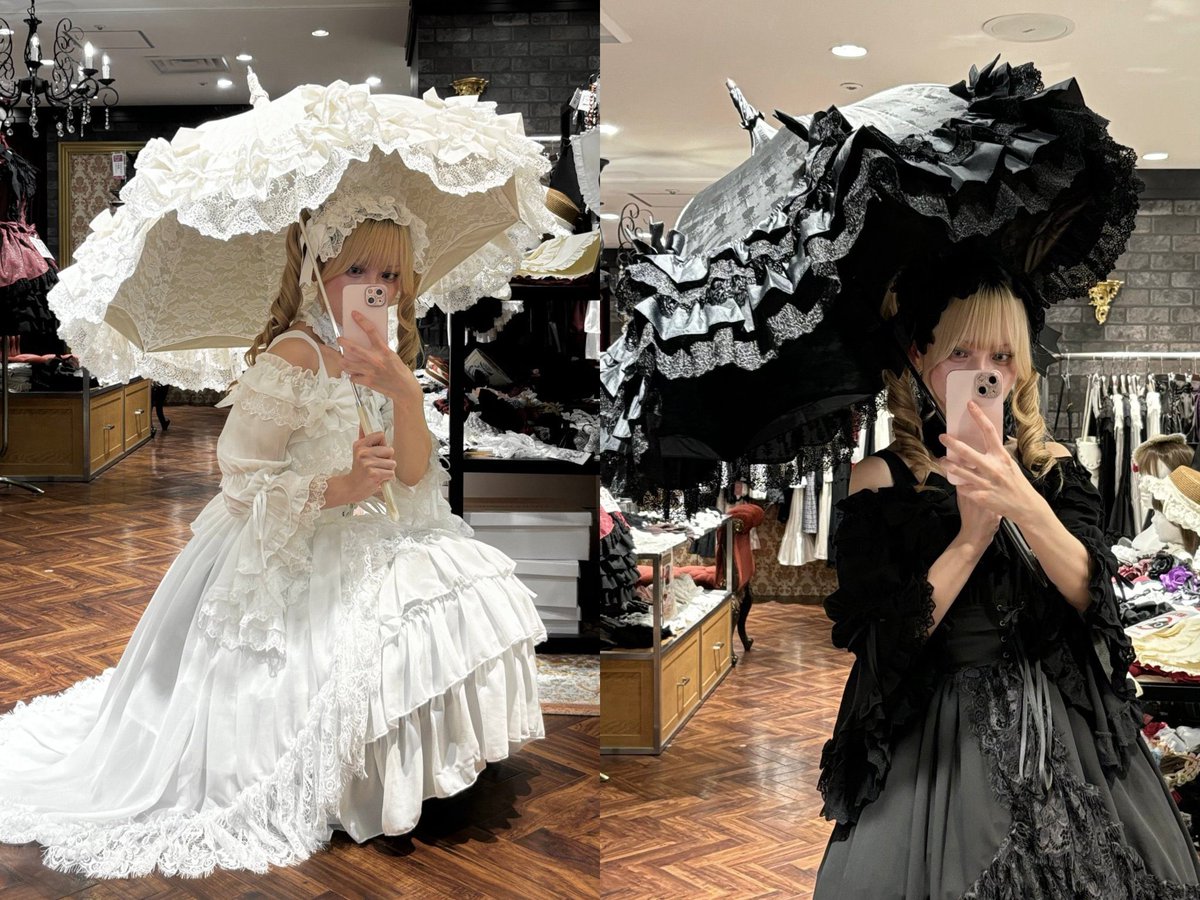 ATELIERPIERROT4's tweet photo. 🦢𝐍𝐞𝐰 𝐀𝐫𝐫𝐢𝐯𝐚𝐥🦢

【ATELIER PIERROT】
Marie Rose Parasol
¥17,600(税込)

🤍ホワイト➡️
🖤ブラック➡️ラスト1点

✦・・┈┈┈・・✦・・┈┈┈・・✦

🌹UVカット率・遮光率100%✨
🌹晴雨兼用☂️
🌹遮熱効果🎐
🌹UPF50＋🌞

ロリィタファッションにぴったりなパゴダ型が新登場🎀

たっぷりのフリルやリボン、内側はレース仕様で余すことなく可愛い💖
お写真映えも間違いない🎶

トップレベルの機能性も見逃せない✨

今の季節のマストアイテム🌞
ぜひお手に取ってご覧ください❣️

お電話でのお取置きも承っております🌹
☎︎080-4738-9494

アトリエピエロ横浜ビブレ3F