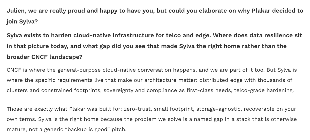 Project_Sylva's tweet photo. Why did Plakar join Sylva? Sylva addresses the specific needs of telco and edge infrastructure—from constrained footprints and distributed clusters to sovereignty and compliance. Plakar brings a zero-trust, storage-agnostic approach to data resilience. https://t.co/QS1e0UoyJI https://t.co/4asArIyemL