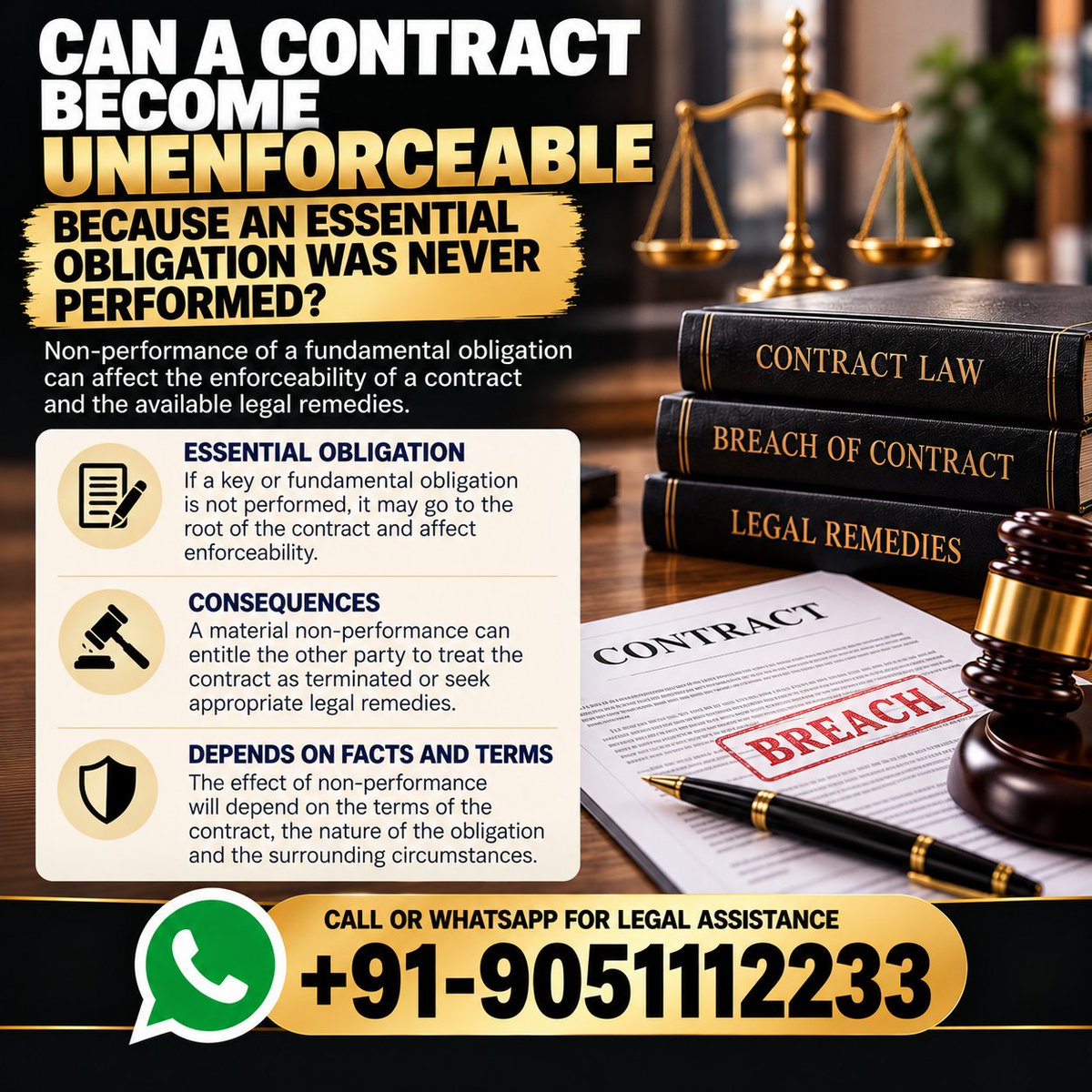 drakmphd's tweet photo. Can a contract become unenforceable because an essential obligation was never performed?
Call or WhatsApp: +91-9051112233
#ContractLaw #BreachOfContract #LegalRemedy https://t.co/j6GF5E9rTY