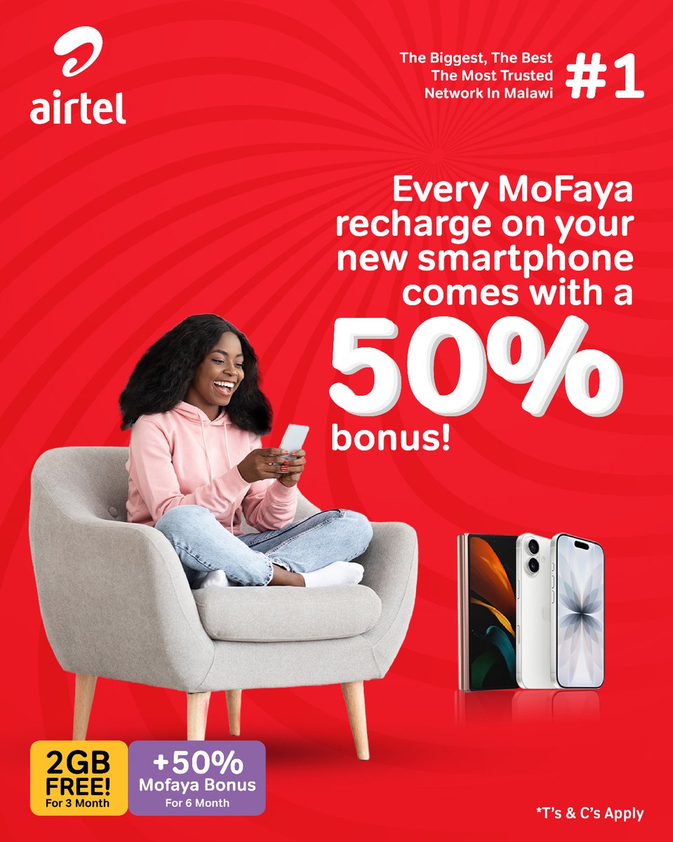 AirtelMalawiPlc's tweet photo. What would you do with all the extra data?🤔

Switch to a new smartphone, register it with Airtel, and get 𝟮𝗚𝗕 𝗙𝗥𝗘𝗘 every month for 3 months + 𝟱𝟬% 𝗠𝗼𝗙𝗮𝘆𝗮 𝗯𝗼𝗻𝘂𝘀 on every recharge for 6 months.🔥📱

#AirtelMalawi #LOLOLO #SmartphoneDeal #TheFayaNeverStops🔥 https://t.co/4UtZ36dWjZ