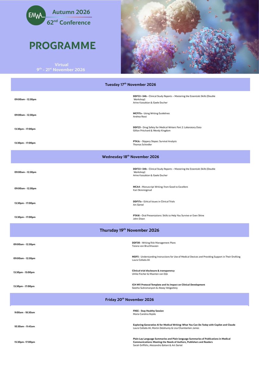 EMWA1989_'s tweet photo. What would make the EMWA Autumn Conference valuable for you?

Choose from practical workshops, specialist sessions and opportunities to connect, then build your own conference plan.

9–21 November 2026.

https://t.co/f74QUvdh48

#EMWA #MedicalWriting https://t.co/HffnTzblJn