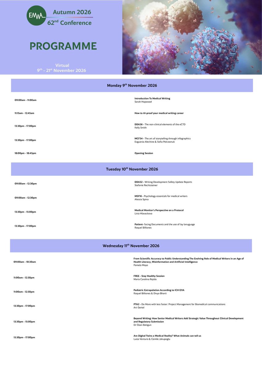 EMWA1989_'s tweet photo. What would make the EMWA Autumn Conference valuable for you?

Choose from practical workshops, specialist sessions and opportunities to connect, then build your own conference plan.

9–21 November 2026.

https://t.co/f74QUvdh48

#EMWA #MedicalWriting https://t.co/HffnTzblJn