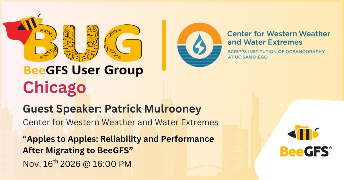 ThinkParQ's tweet photo. BUG is heading to Chicago, kicking off SC26 week!

Roadmap, product updates, customer stories &amp; Happy Hour - 8 min from SC26.

Guest speaker: Patrick Mulrooney (Scripps, UC San Diego) on migrating to BeeGFS.

Register: https://t.co/zCS7nzEbyI https://t.co/JD02loLtsF